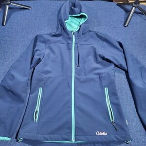 Cabelas Womens Softshell Hooded Performance Jacket Teal Accents Size Medium Blue